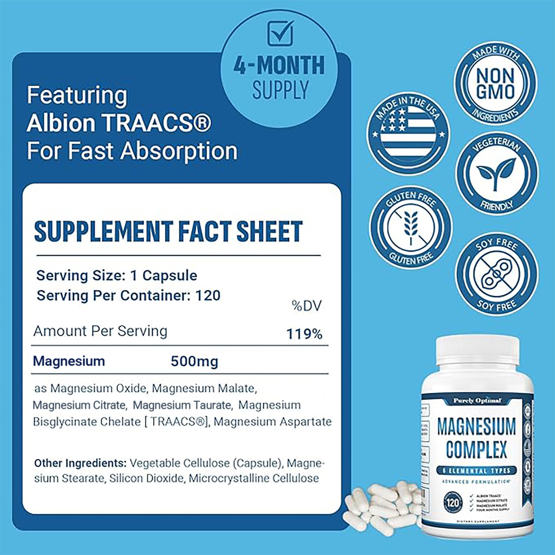 Purely Optimal Magnesium Complex - 6 Forms Magnesium Glycinate, Citrate & Malate - Sleep Support, Stress Relief, Muscles, Heart Health & Relaxation - Magnesium Supplement for Women & Men, 120 Caps