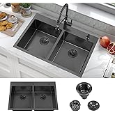 ATTOP 33 Inch Black Drop in Double Bowls Kitchen Sink,33x22 Inch Nano Black Handmade Stainless Steel Double Drop in Kitchen S