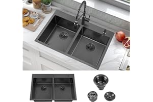 ATTOP 33 Inch Black Drop in Double Bowls Kitchen Sink,33x22 Inch Nano Black Handmade Stainless Steel Double Drop in Kitchen Sink