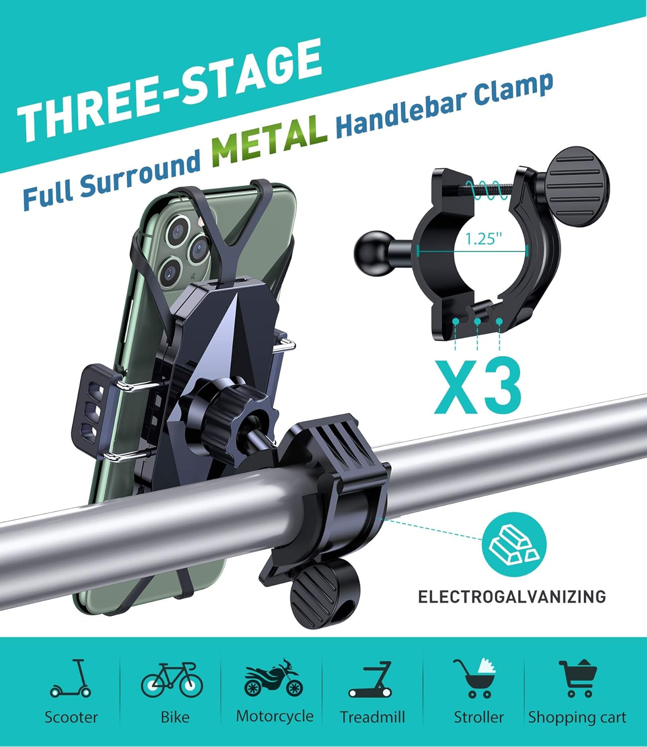 VICSEED Metal Bike Phone Mount [Ultra Stable & Anti Shake] Universal Motorcycle Phone Mount Cell Phone Holder for Bike Bicycle Mountain Handlebars Fit for iPhone 12 Pro Max 11 Galaxy S21 All Phones