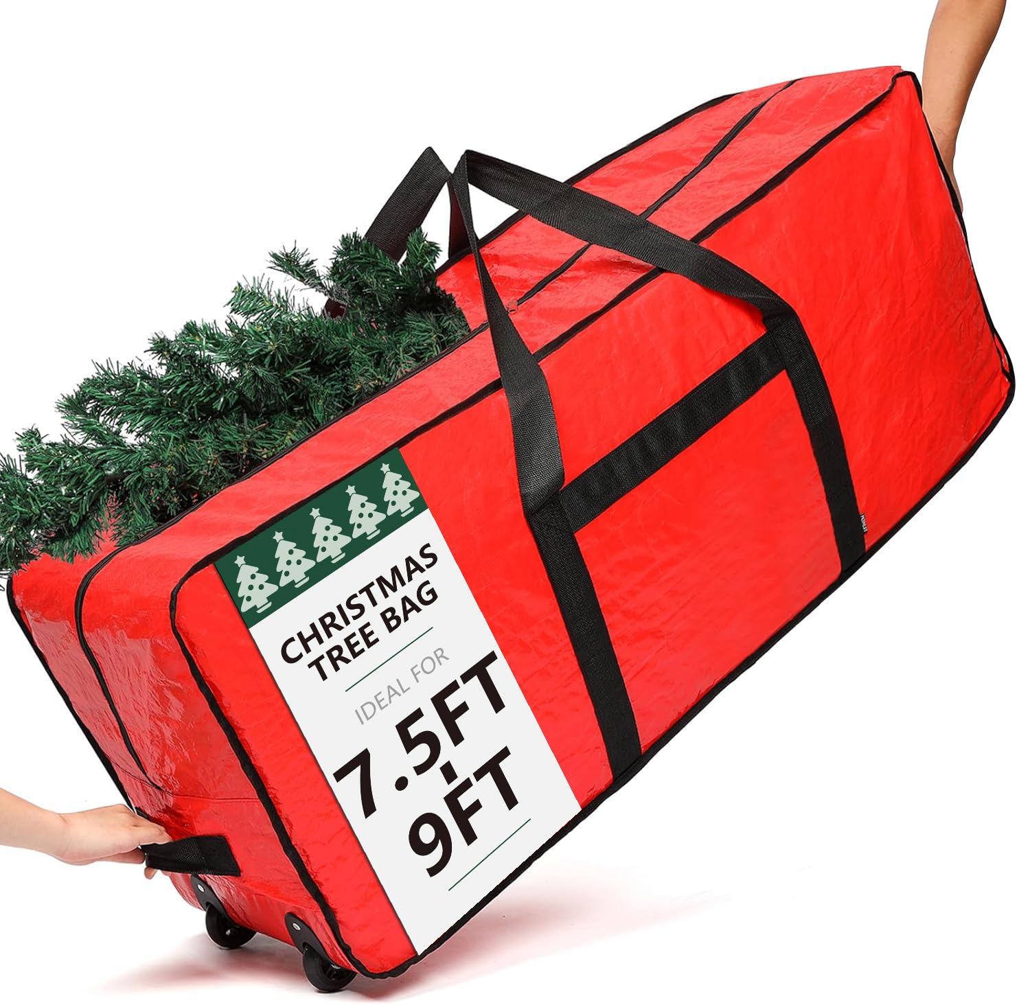 Photo 1 of HOMEST Christmas Tree Storage Bag, Fits for 7.5-9 ft Xmas Artificials, Zippered Bag with Reinforced Carrying Handles and Wheels, Red (Bag Only)