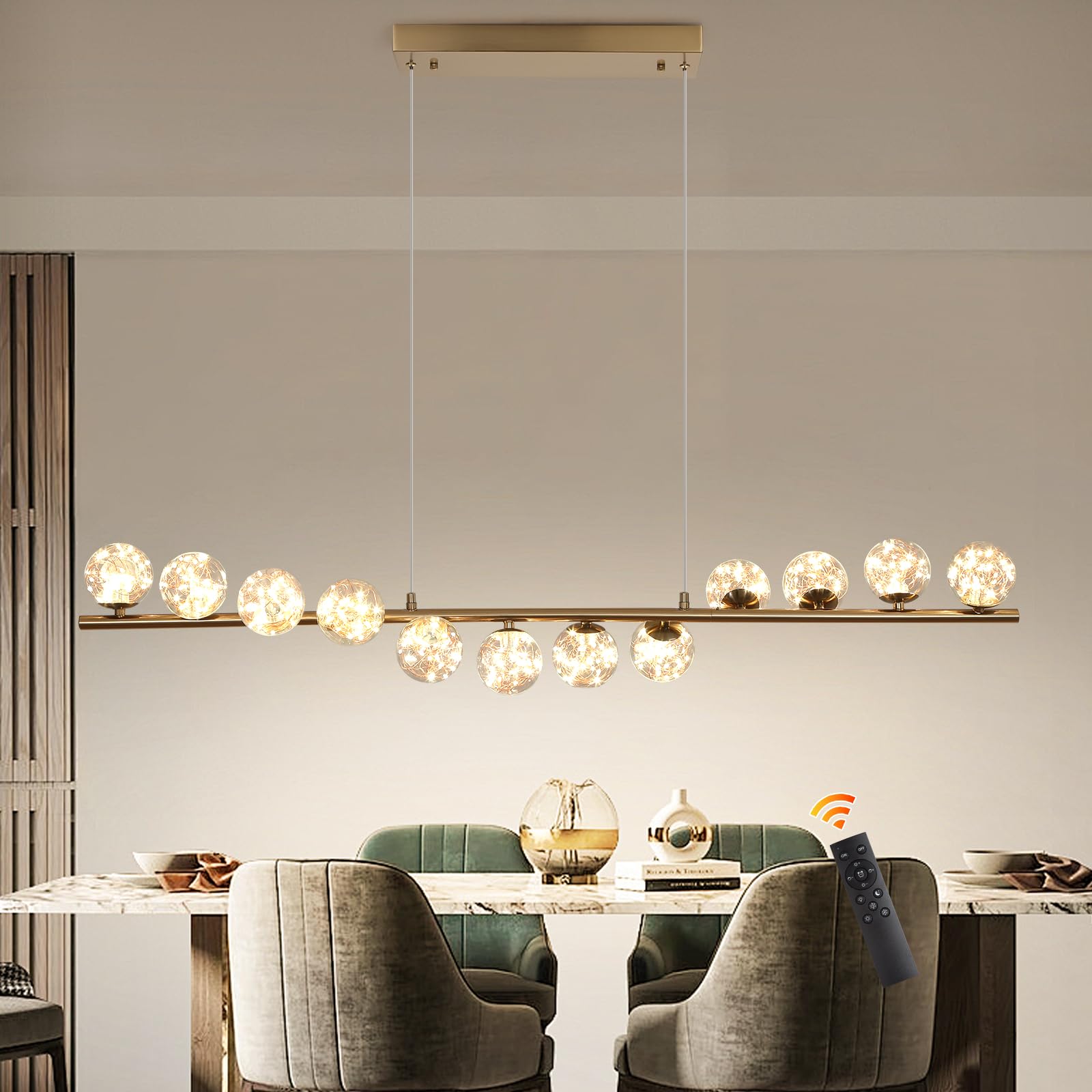 Photo 1 of Qcyuui Chandeliers for Dining Room 12 Lights Dining Room Light Fixture 47'' Clear Glass Gold Linear Chandelier Dimmable Modern Pendant Lights with Remote Island Lights for Kitchen Living Room