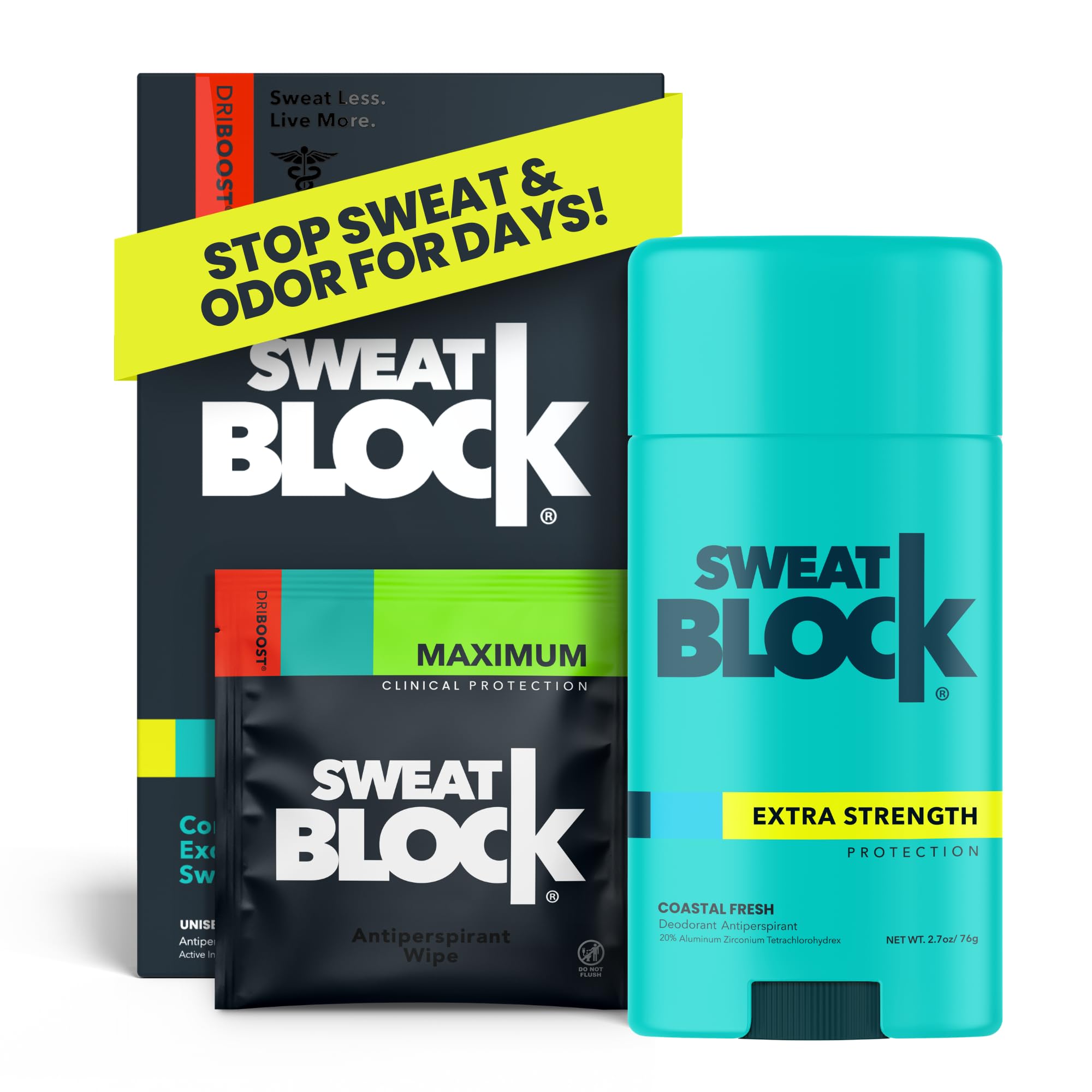 SweatBlock Antiperspirant Deodorant Max Clinical System for Men & Women. Treat Hyperhidrosis, Excessive Sweating & Underarm Odor - DRIBOOST [PM] Antiperspirant Wipes + [AM] Daily Deodorant Stick