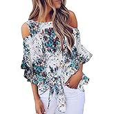 Chuanqi Womens Cold Shoulder Blouse Bell Sleeve Tie Knot Casual Summer Shirt Tops