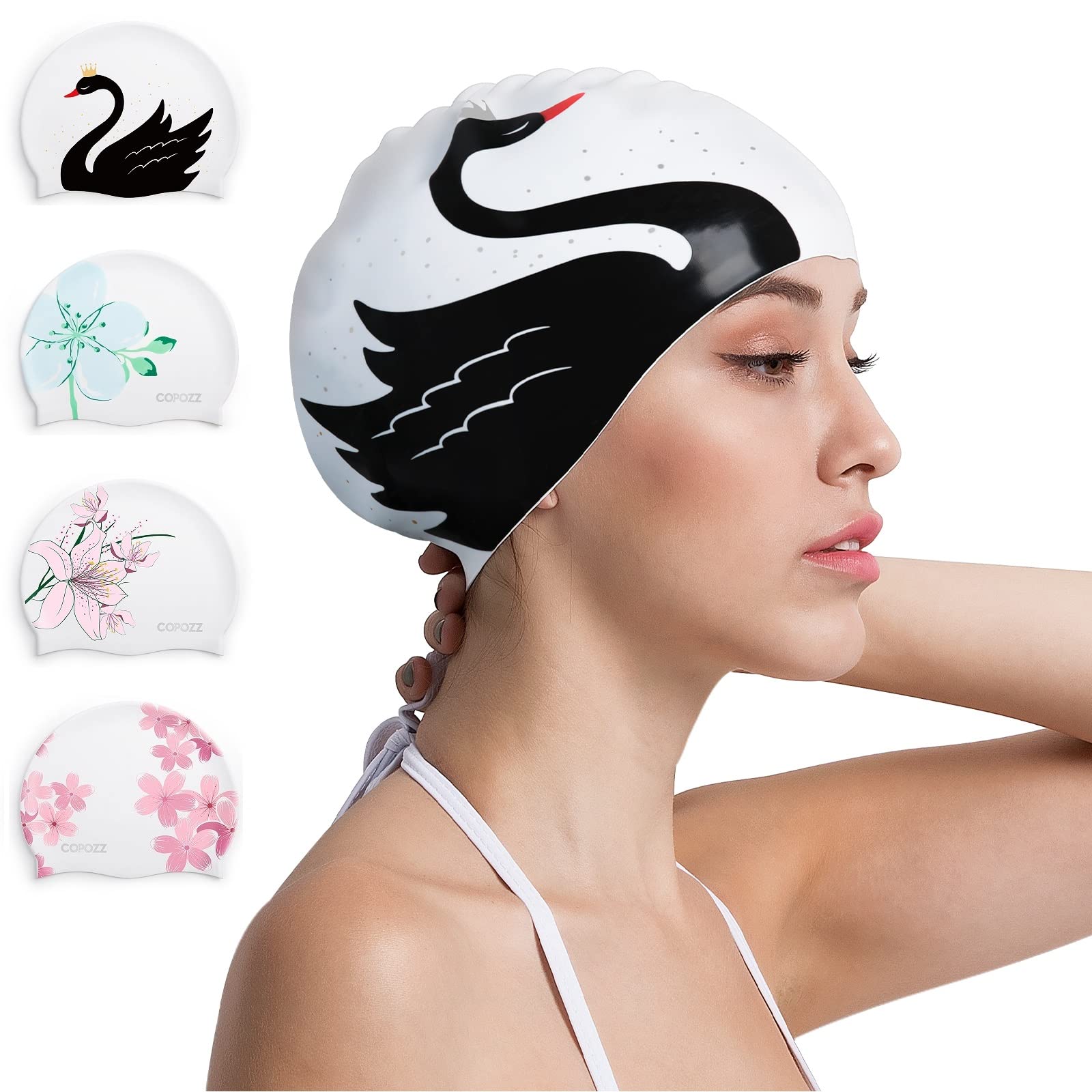 COPOZZ Swimming Cap Women, Adult Swim Cap for Hair and Ear Protection, Silicone Long Hair Swimming Cap for Women, which Keeps Hair Dry
