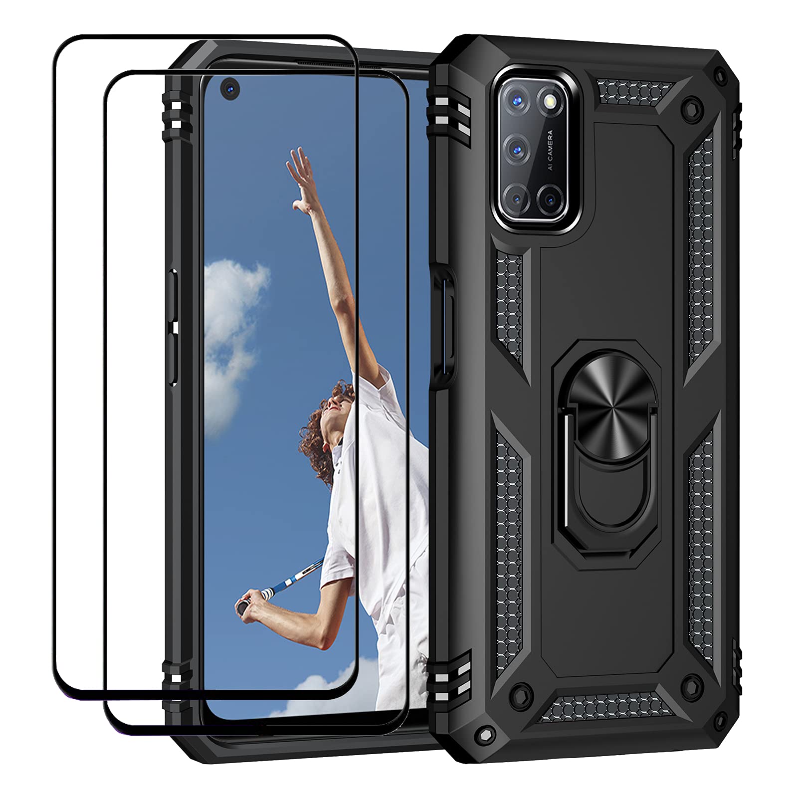 EasyLifeGo for Oppo A92 / Oppo A72 / Oppo A52 Kickstand Case with Screen Protector Tempered Glass [2 pieces], Hybrid Heavy Duty Armor Dual Layer Anti-Scratch Case Cover, Black
