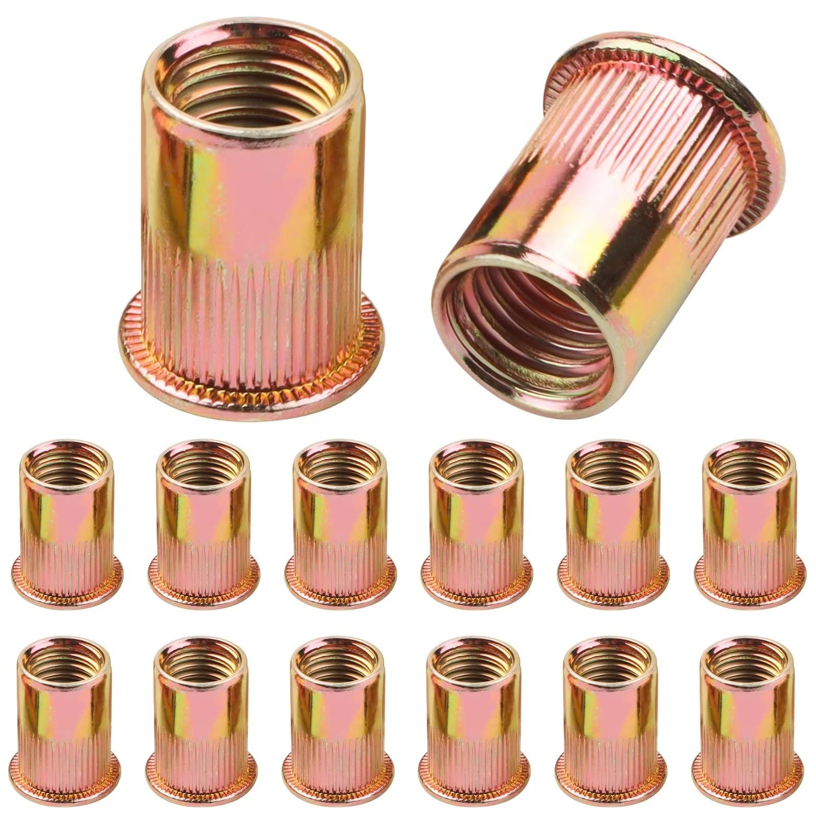 100 Pcs Rivet Nuts M6, Leryati Zinc Plated Threaded Rivet Inserts Flat Head Carbon Steel Blind Rivnuts, Nutsert Rivnuts Kit M6 Nut Pitch-1mm