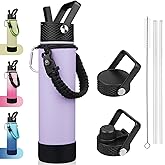BJPKPK 27oz Insulated Water Bottles with 3 Lids, Paracord Handle & Non-slip Boot, Stainless Steel Metal Water Bottle with Straw, BPA Free Thermal Flasks, Tumblers,Lavender