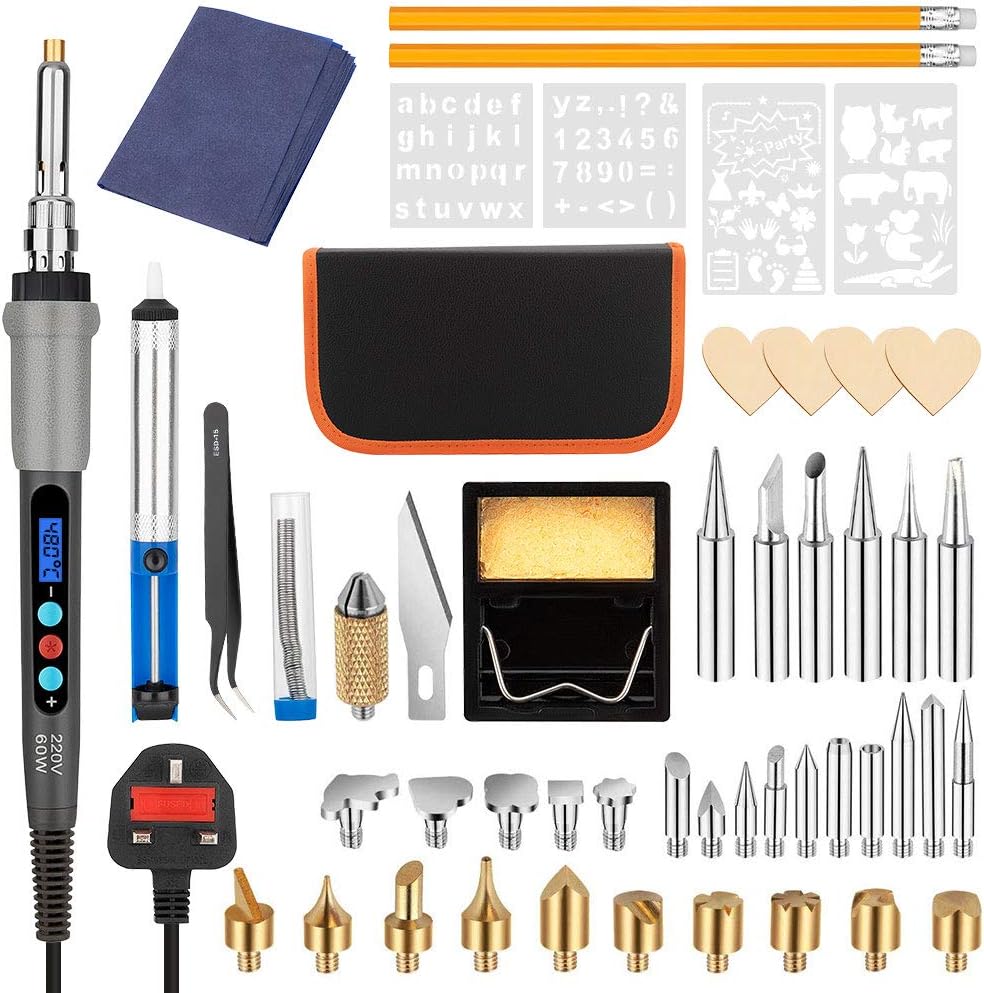 Soldering Iron Kit Electronics, 61PCS LCD Display Adjustable Temperature Welding Tool Kit, 60W/220V Wood Burning Pyrography Pen Kit for Wood Burning/Soldering/Carving with Stencils+ Soldering Tips