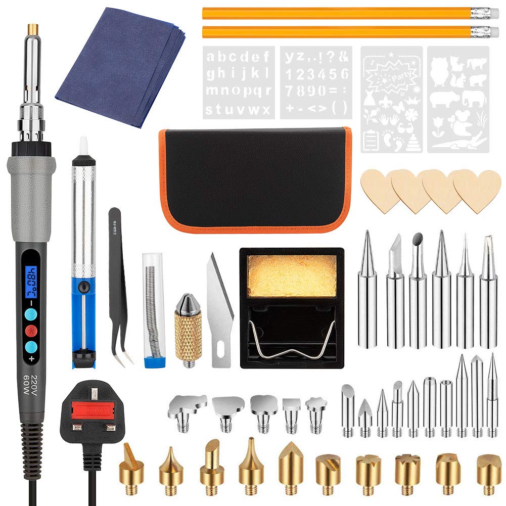 Soldering Iron Kit Electronics, 61PCS LCD Display Adjustable Temperature Welding Tool Kit, 60W/220V Wood Burning Pyrography Pen Kit for Wood Burning/Soldering/Carving with Stencils+ Soldering Tips