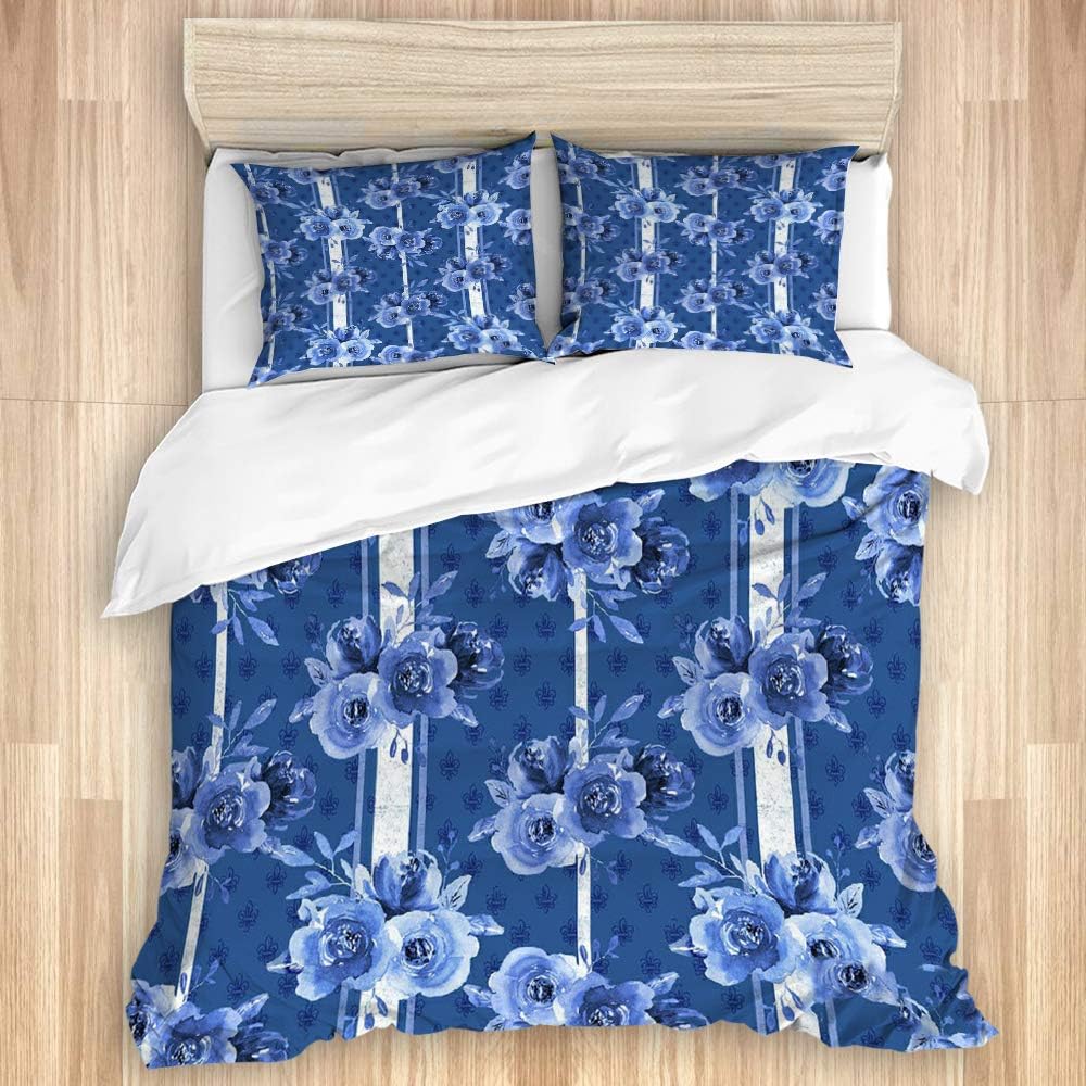 YZBEDSET 3 Pieces Duvet Cover Set,blue floral flower stripe petals navy