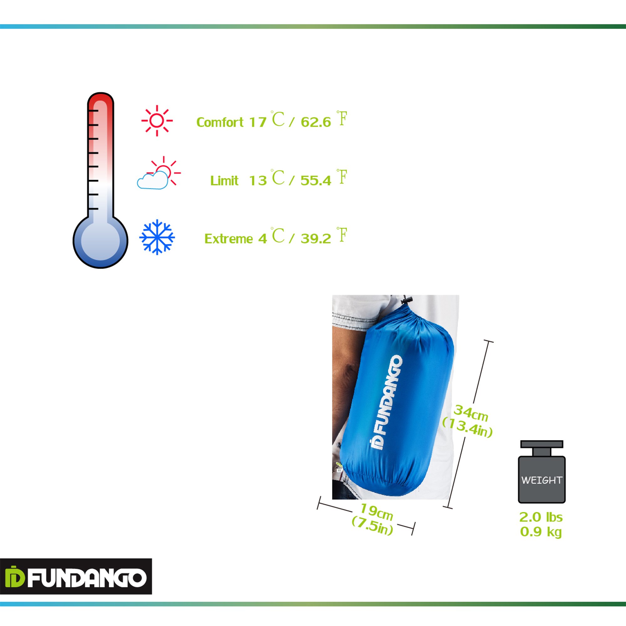 FUNDANGO Envelope Adult Sleeping Bag 37 Degree F/ 55.4 Degree F Lightweight with Compressed Sack