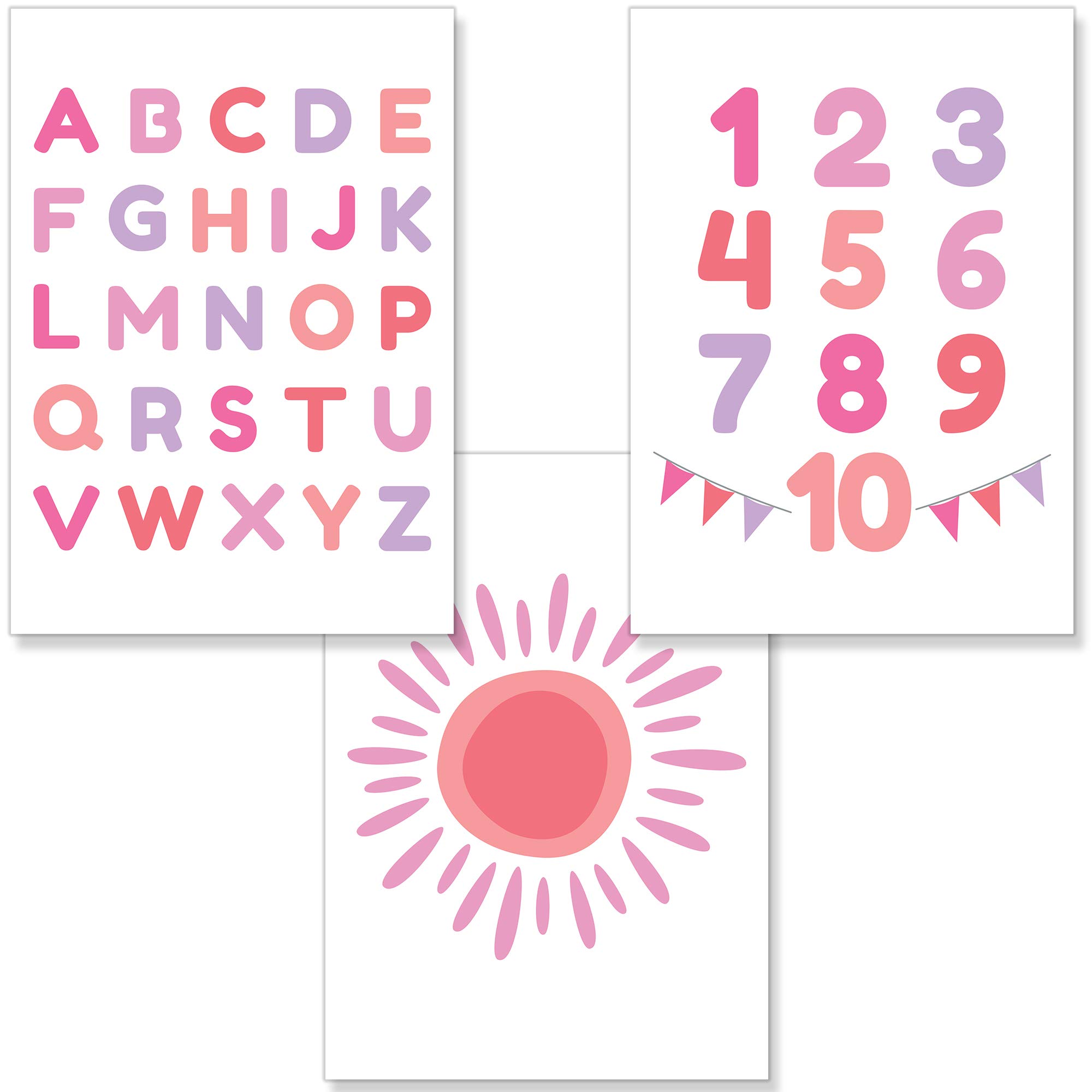 PREMYO Wall Art Prints Nursery Decor - Baby Room Decoration Girl - Kids Poster Set Alphabet ABC Sun Pink Picture A4 Size
