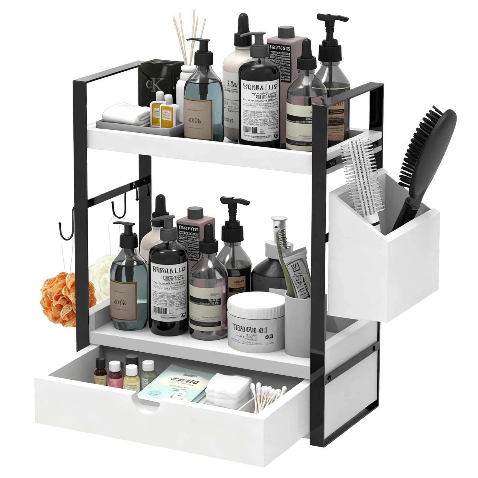 Photo 1 of 2-Tired Bathroom Counter Organizers and Storage, Bathroom Countertop Organizer with Drawer, Solid Wood Skincare Perfume Organizer for Vanity Kitchen Corner Shelf Office Countertop (White)