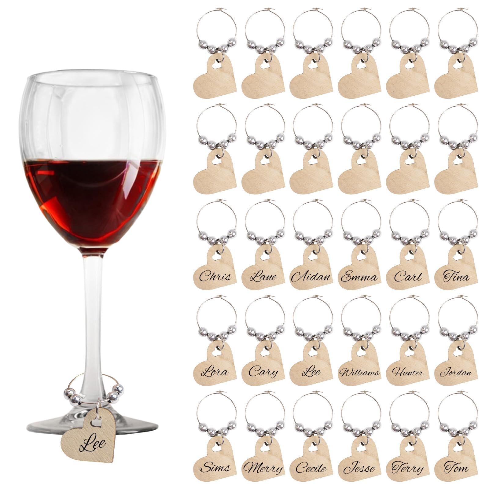 URROMA Wooden Wine Charms, 30pc Heart Shaped Wine Glass Rings for Drinks, Tasting, Wedding Party