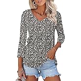 Poetsky Women's V Neck 3/4 Sleeve T Shirt Casual Loose Basic Tops Summer Tee Blouses