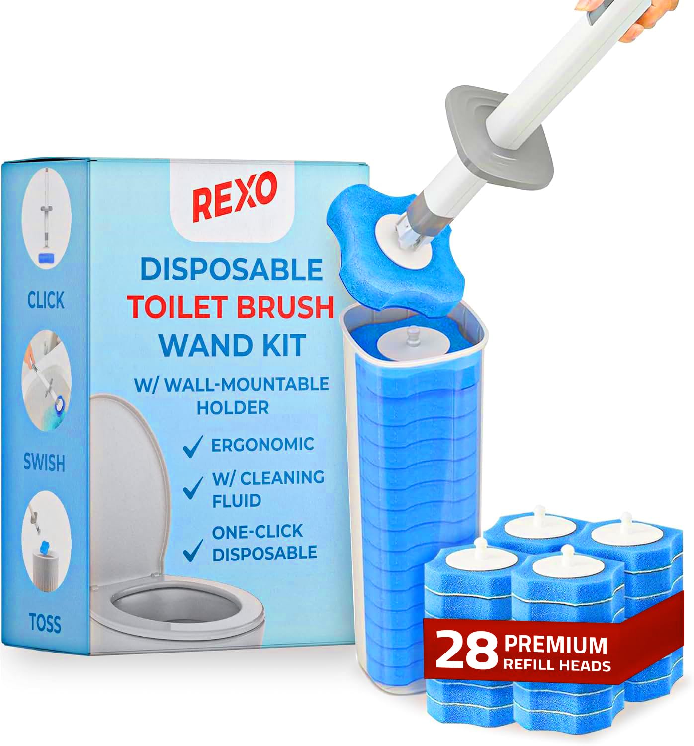 REXO - Disposable Toilet Brush Wand Kit. Effortless & Disposable Bathroom Cleaning System, Includes Wall-Mountable Holder and 28 Premium Refill Heads, Ergonomic Design for Enhanced Cleaning