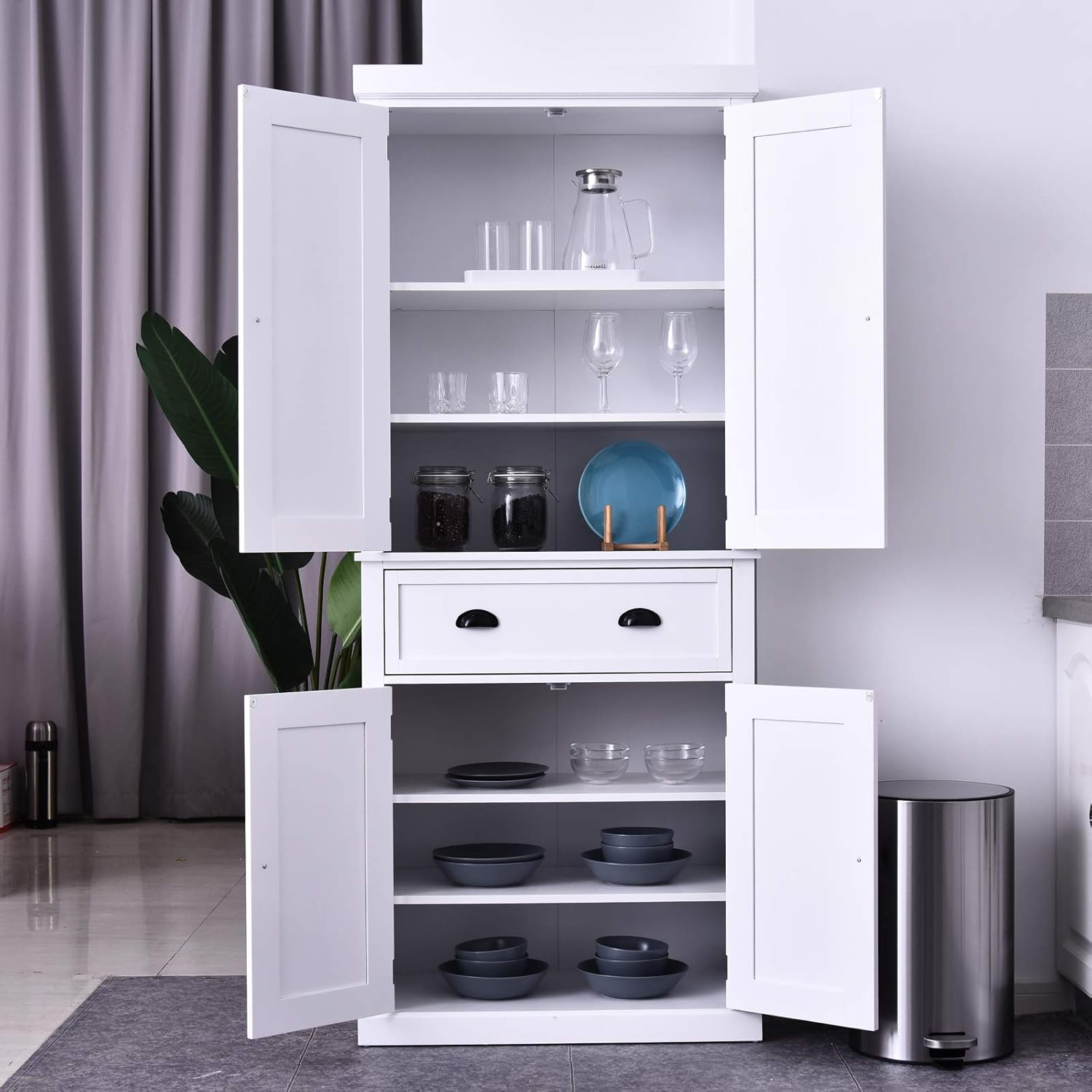 HOMCOM 72" Traditional Freestanding Kitchen Cupboard Pantry Cabinet with Elegant Colonial Design, Antique Hardware, White: Furniture & Decor