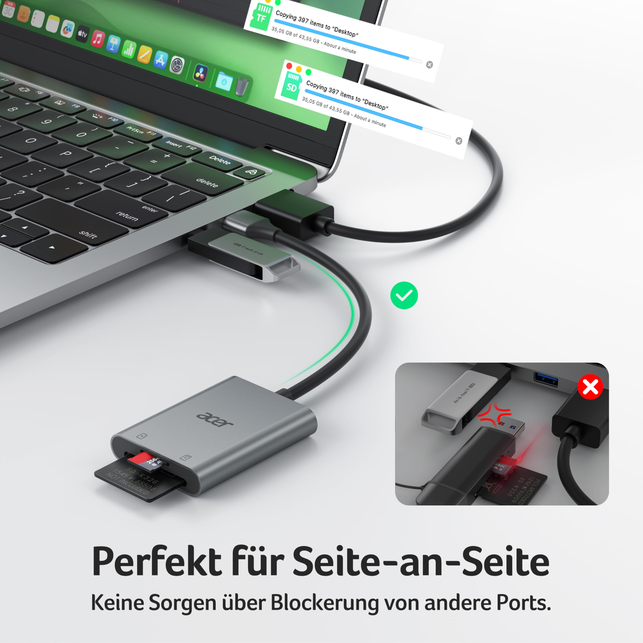 acer USB 3.0 Kartenleser 170MB/s, USB-A SD Micro SD Card Reader Aluminium 4