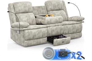 FURNIMAT 3 Seater Recliner Sofa, FSC Certified Manual Reclining Couch with Flip-Up Middle Backrest & Drawers, Modern Recliner Sofa with USB Ports, 2 Cell Phone Holder for RV, Home Theater