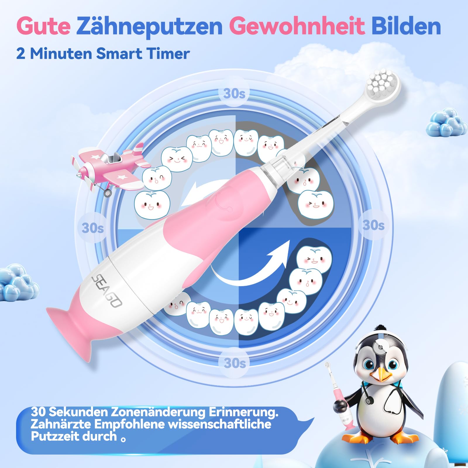 Seago Elektrische Zahnbürste Kinder ab 0-3 Jahr mit LED Licht, Weichen BPA-freiem Runder Gummierte Bürstenkopf, 2 Minuten Smart Timer, Wasserdicht IPX7, für Empfindliche Babyzähne, SG513(Rosa)) 5
