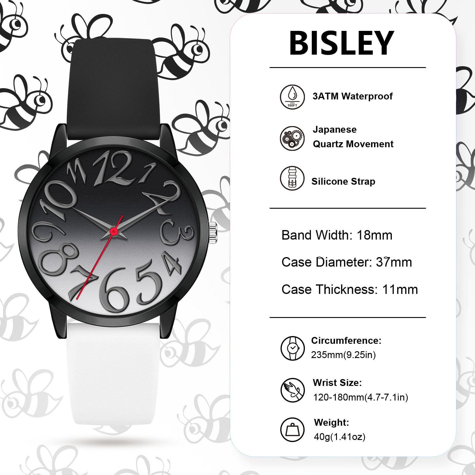 Bisley 37MM Women Watch Patchwork Silicone Watch Big Face Easy to Read Waterproof Watch
