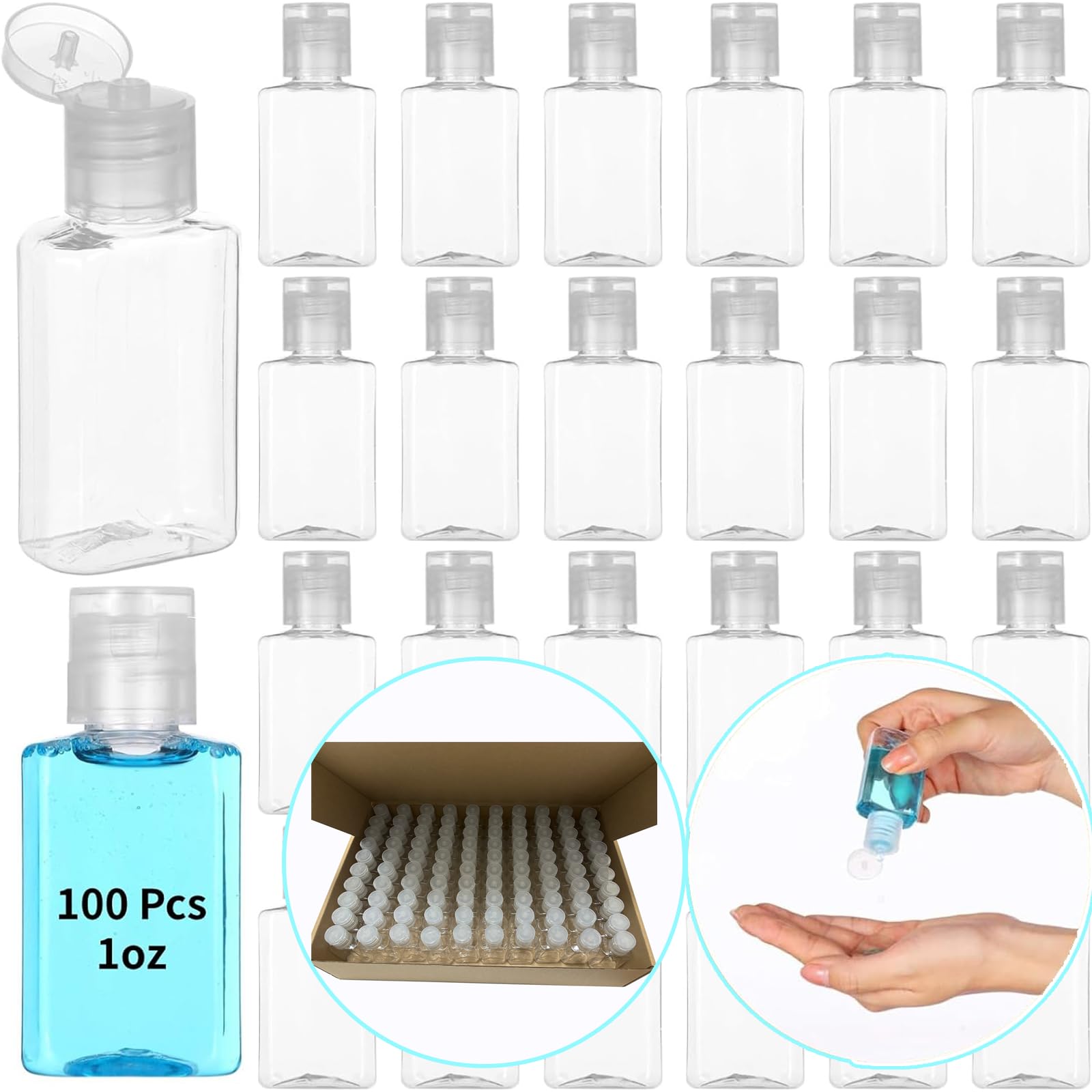 Photo 1 of 100PCS Plastic 1oz Travel Bottles, Mini Clear Travel Shampoo Bottles with Flip Cap, Small Empty Hand Sanitizer Bottle Refillable Cosmetic Containers, Portable Bottle for Liquid Lotion Body Soap