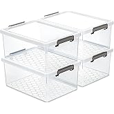 Citylife 33 Qt Ultra-Thick Plastic Clear Storage Bins with Lids, 4-Pack | Heavy-Duty Straight-Wall Plastic Bins with Honeycomb Base and Pinch-Free Latches for Closets, Garages, and Decor, BPA-Free