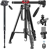 EVUMO 65.7'' Professional Video Camera Tripod, Aluminum Horizontal Tripod Monopod for DSLR, Camcorder, Scopes, with 360-Degre