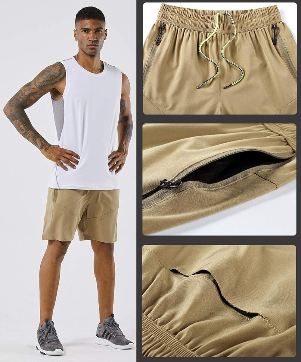 YAWHO Men's Workout Running Shorts Sports Fitness Gym Training Quick Dry Athletic Performance Shorts with Zip Pockets: Clothing