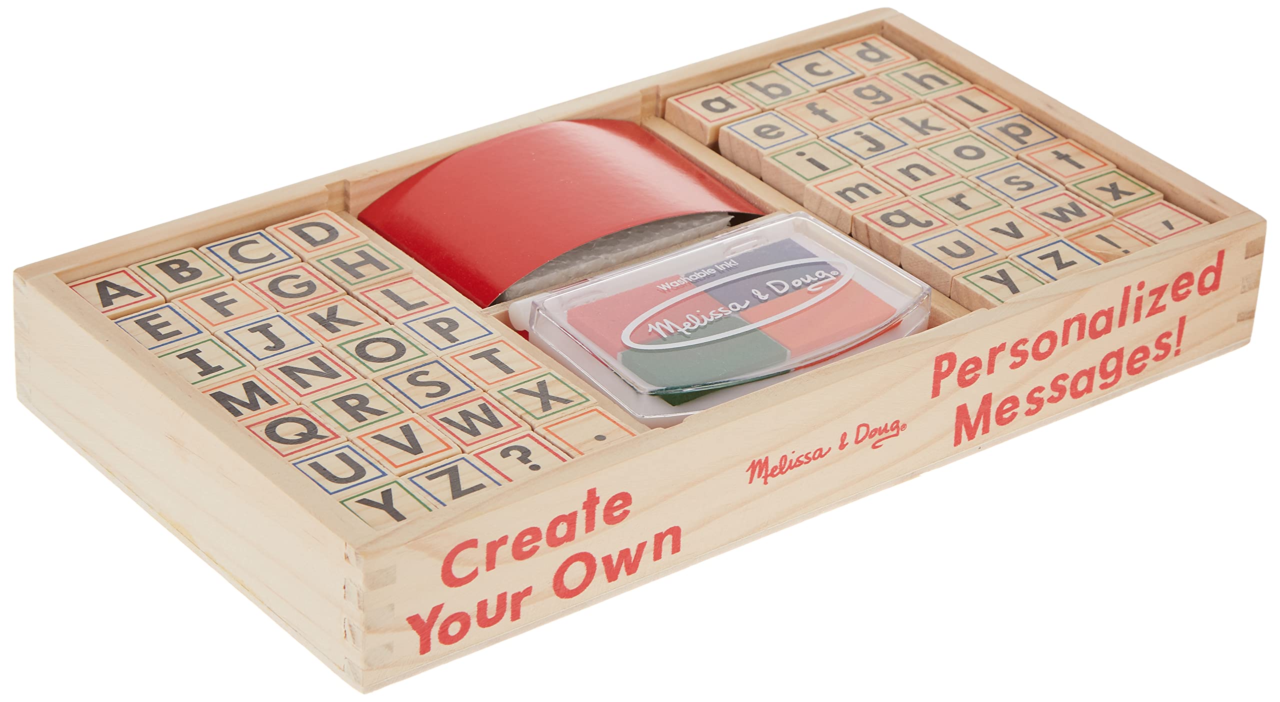 Melissa & Doug Alphabet Stamp Set - 56 Letters, Punctuation Marks, 4-Color Stamp Pad, Wooden Storage Tray - Big Kid, Little Kid