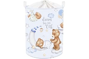 Clastyle 45L Large Blue Sleeping Bear Kid Boy Girl Laundry Hamper with Handle Collapsible Star Moon Clothes Toy Storage Basket with Lid for Nursery