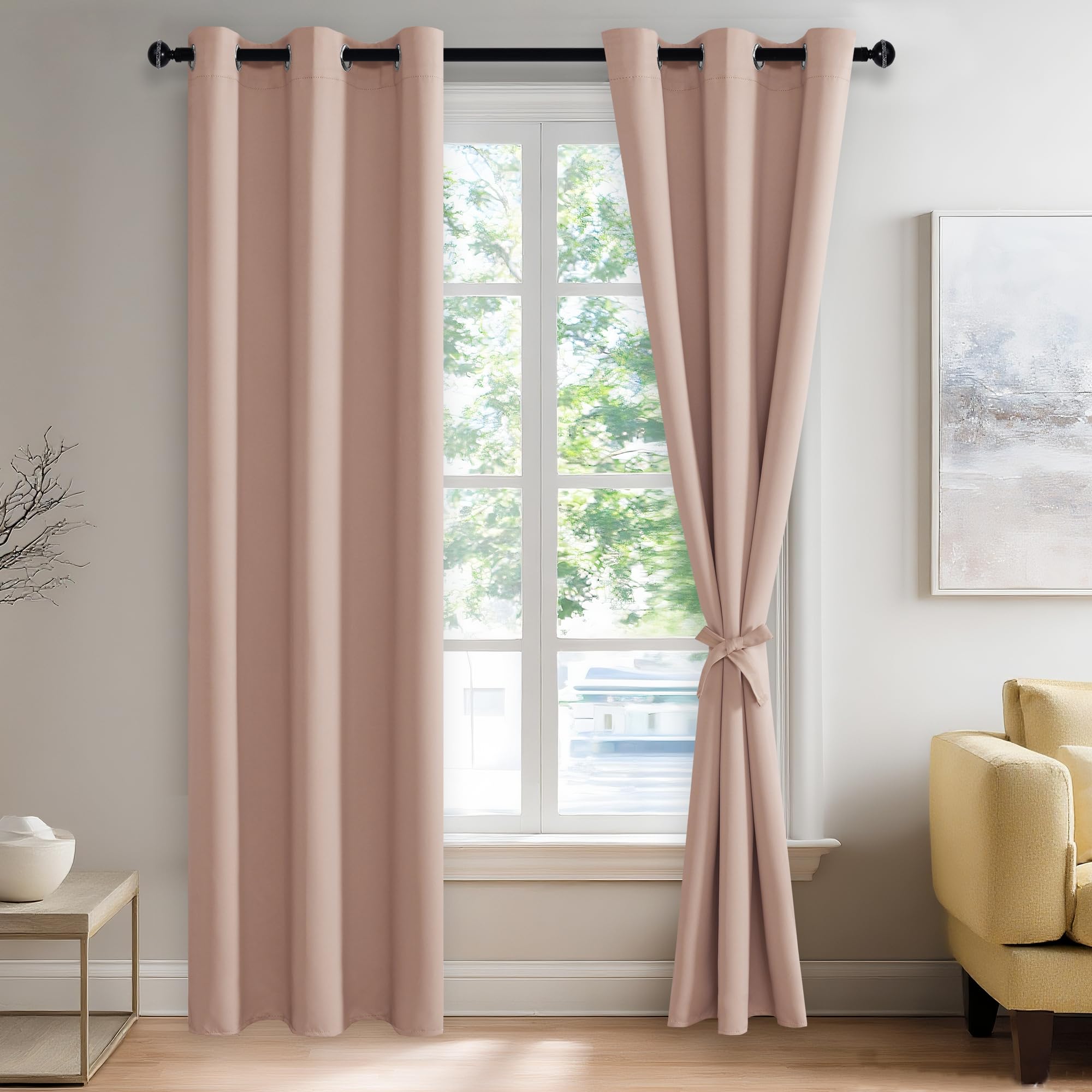 JIUZHEN Blackout Curtains with Tiebacks - Thermal Insulated, Light Blocking and Noise Reducing Grommet Curtain Drapes for Bedroom and Living Room, Set of 2 Panels, 42 x 84 Inches Long, Blush Pink Image