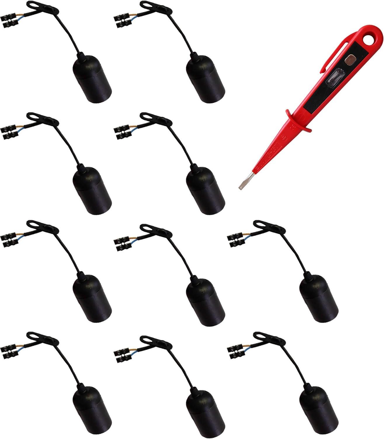 H + H Werkzeug 10 x Lamp Holder Set E27 + 1 x Voltage Tester/Phase Tester 45300 VDE (Construction Socket Lamp Holder Renovation Socket Construction Site Socket)