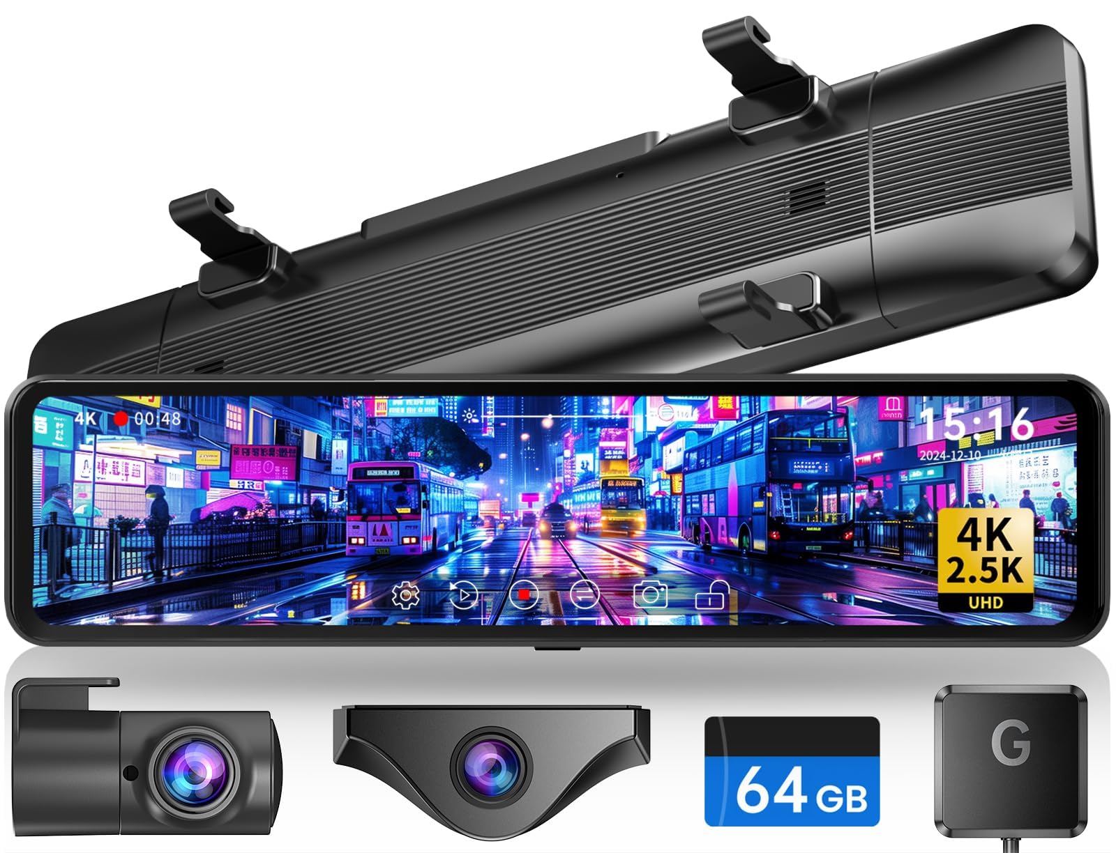 Changer ドライブレコーダー ミラー型 分離【4K+2.5K&ズーム機能&11インチ分離型】 フロントカメラ分離式 GPS搭載 Type-C電源 上下+左右画像逆転可 バック連動 24時間駐車監視 フロントカメラ360°回転可 LED信号対応 地デジ干渉対策 64GBメモリカード付属 リアカメラ車内外専用取付ブラケット付属（T826）商品画像