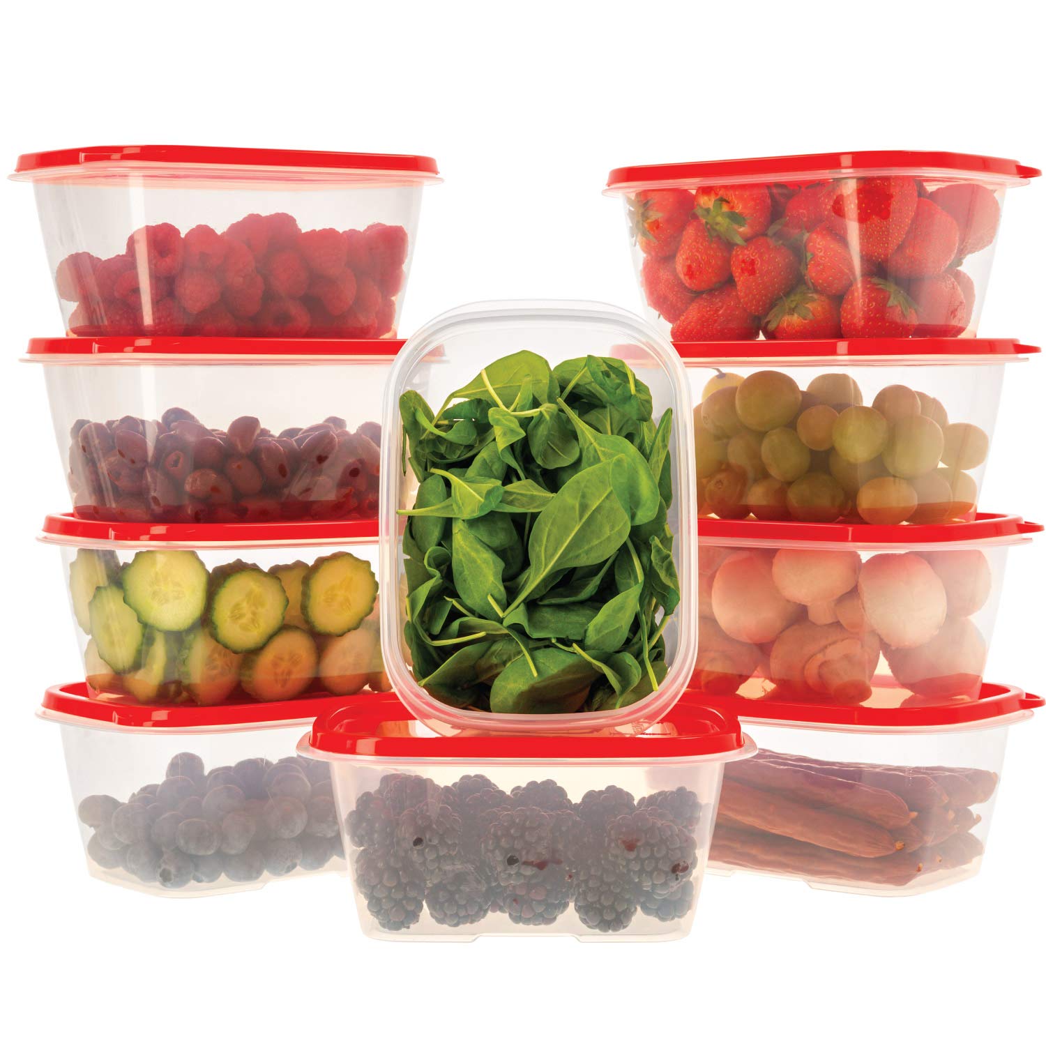 Oursson Food-Storage-Containers-Set-BPA-Free, 10 pack x 1L, Food Containers with Red Lids Microwave-Safe, Transparent Food Containers with Lids Airtight Fridge-Safe, Plastic Food Container with Lid