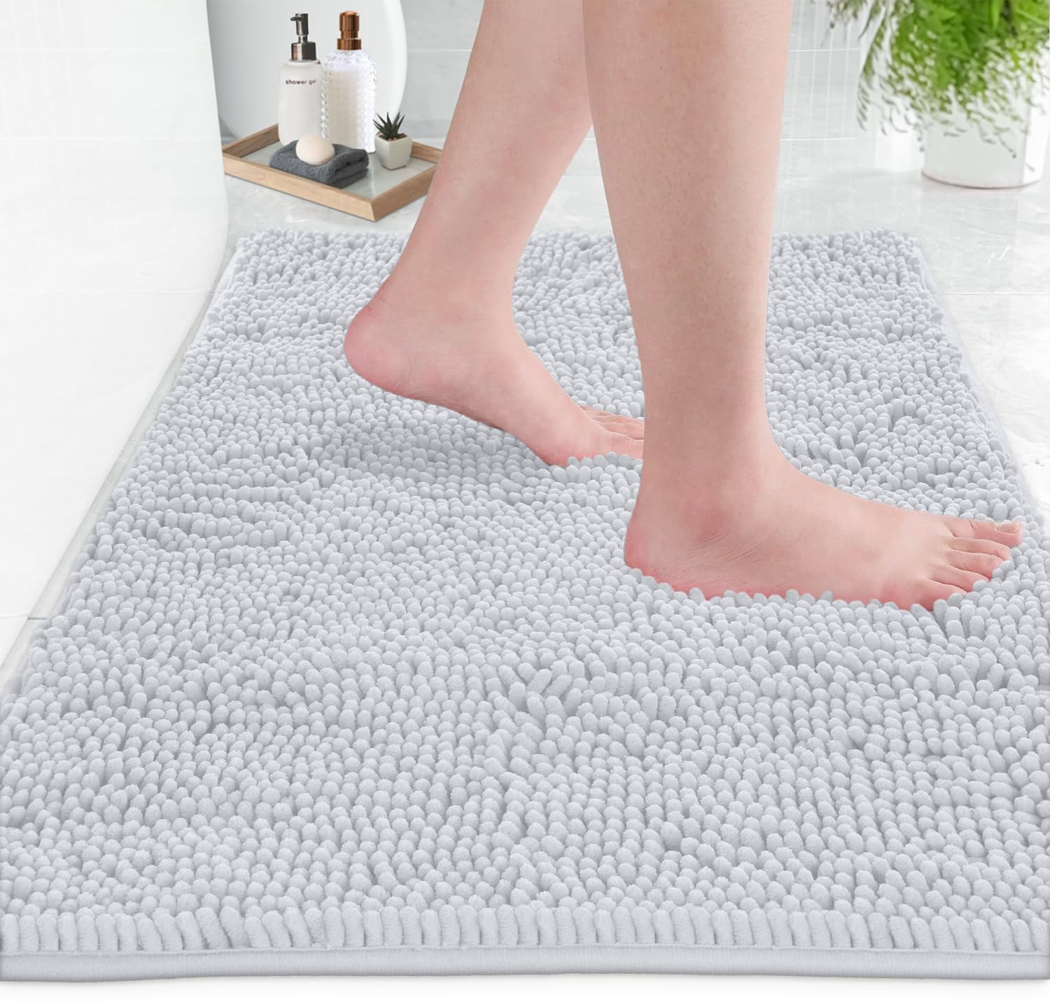 LuxUrux Bath Mat-Extra-Soft Plush Bath Shower Bathroom Rug, 1'' Chenille Microfiber Material, Super Absorbent Shaggy Bath Rug (White, 50 x 80 cm)