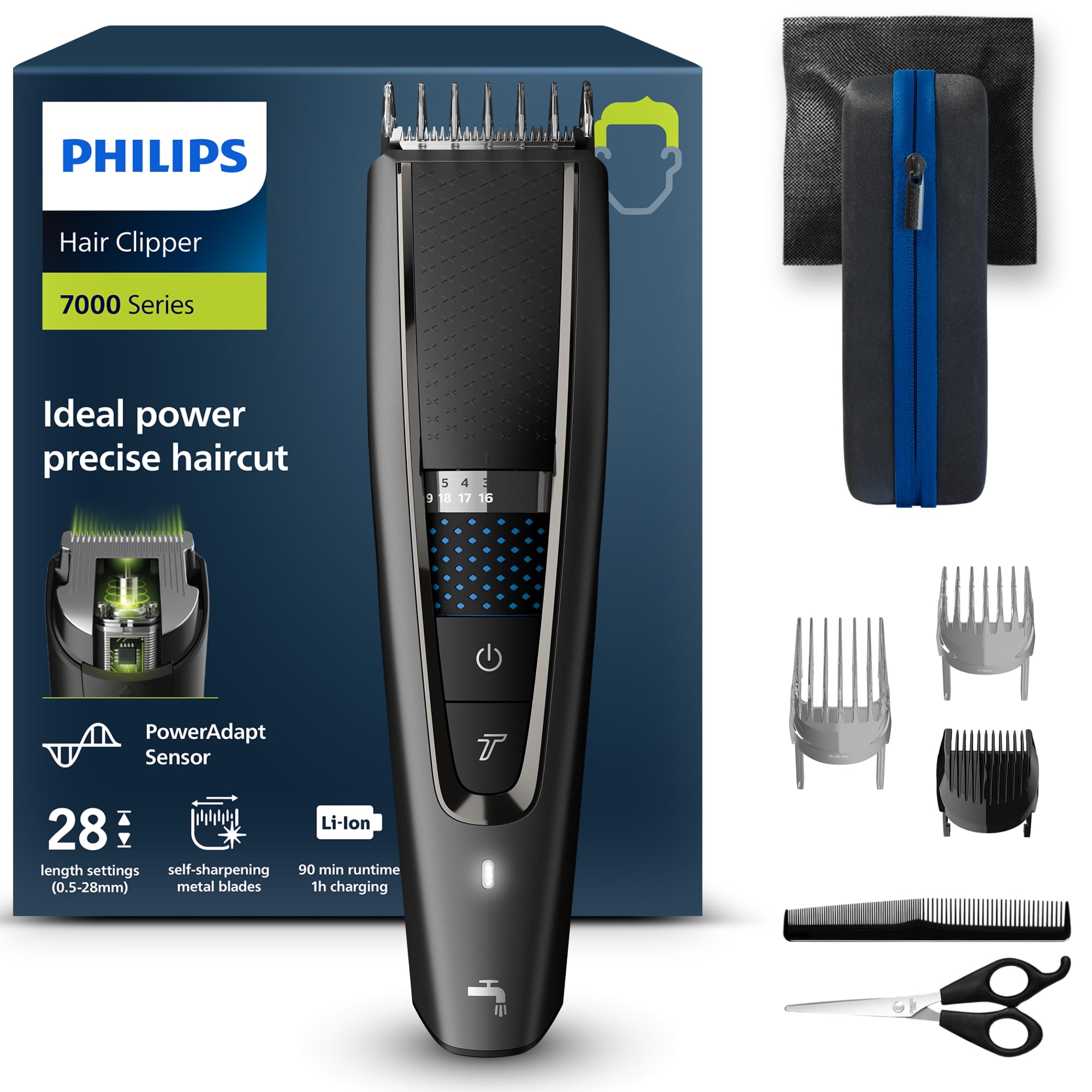 Philips Hairclipper Series 7000 - 28 Length settings - 100% washable - Can be used with or without a cord - 90 minutes of battery life - 3 combs - Travel case - HC7650/15