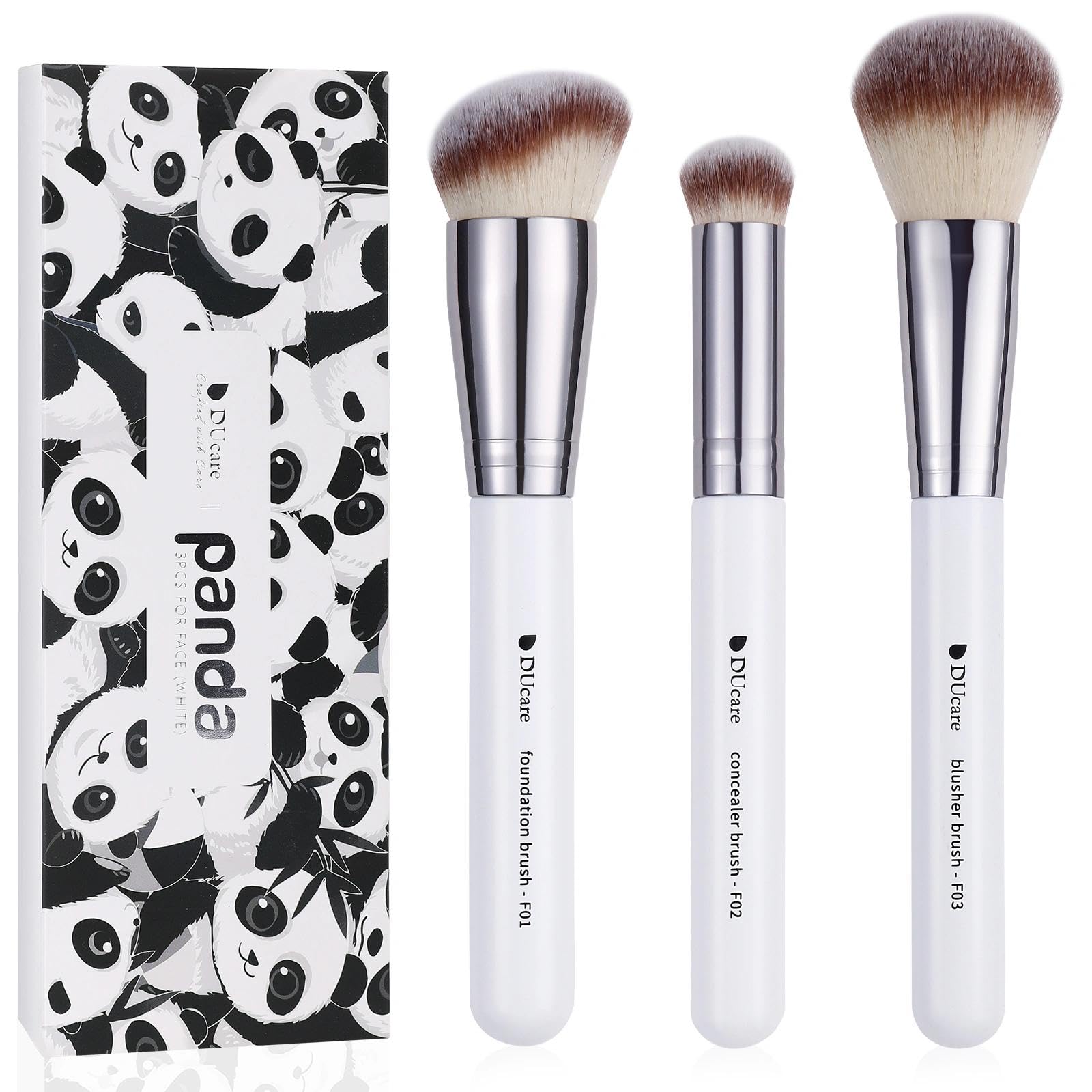 DUcare 3PCS Face Base Makeup Brush Kit - For Foundation, Concealer, Blusher Powder, Works With Liquid, Cream & Powder Products, 100% Vegan Soft Dense Bristles, Travel Essential Makeup Brushes - White