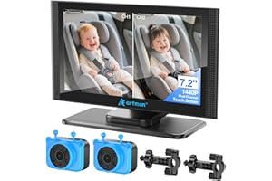 Artman Baby Car Camera, 1440P Baby Car Monitor with 7.2'' HD Touchscreen Split View & 940nm Night Vision - Dual Camera for Ba