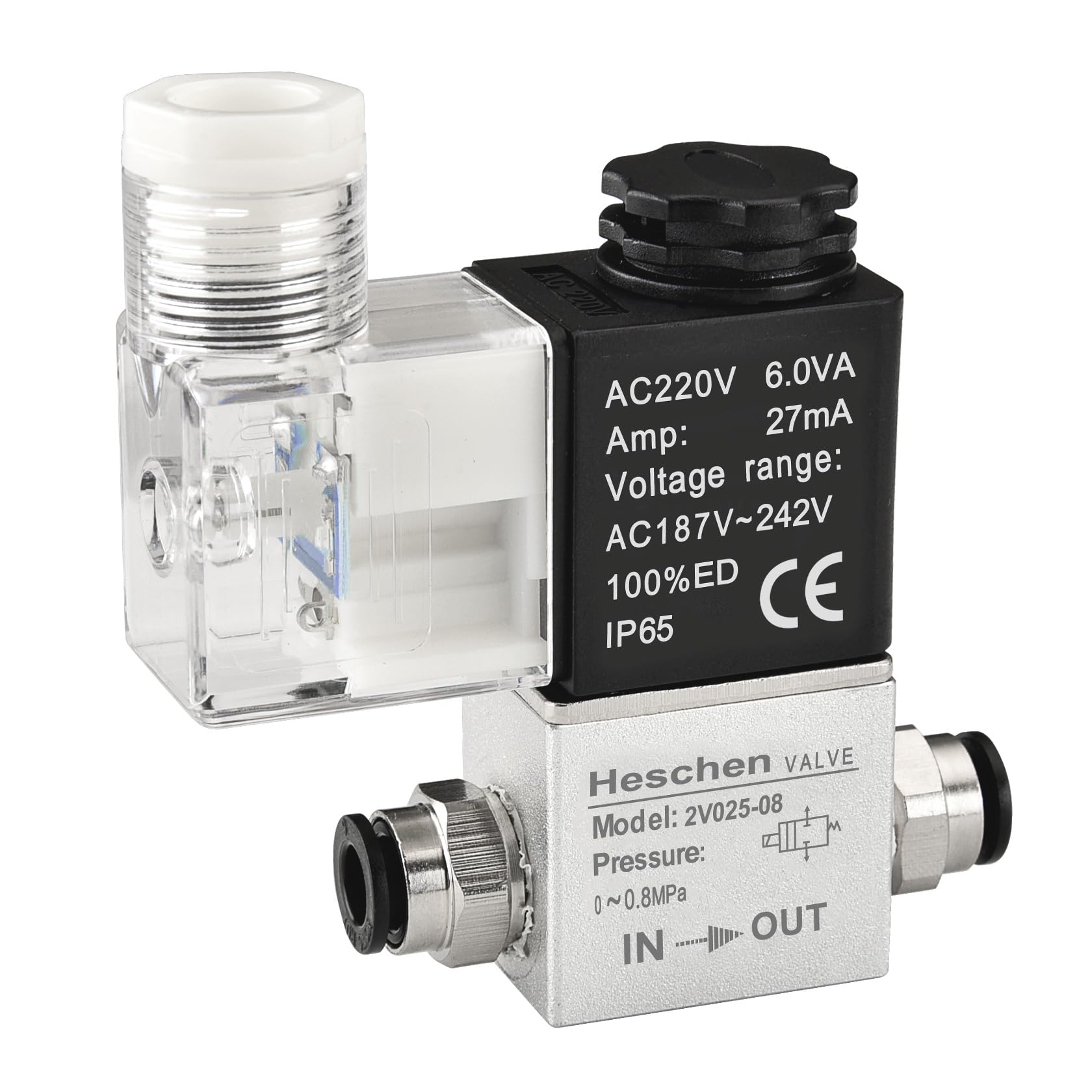Heschen Electrical Pneumatic Solenoid Valve 2V025-08 220VAC PT1/4 2/2 Way Normally Closed CE IP65
