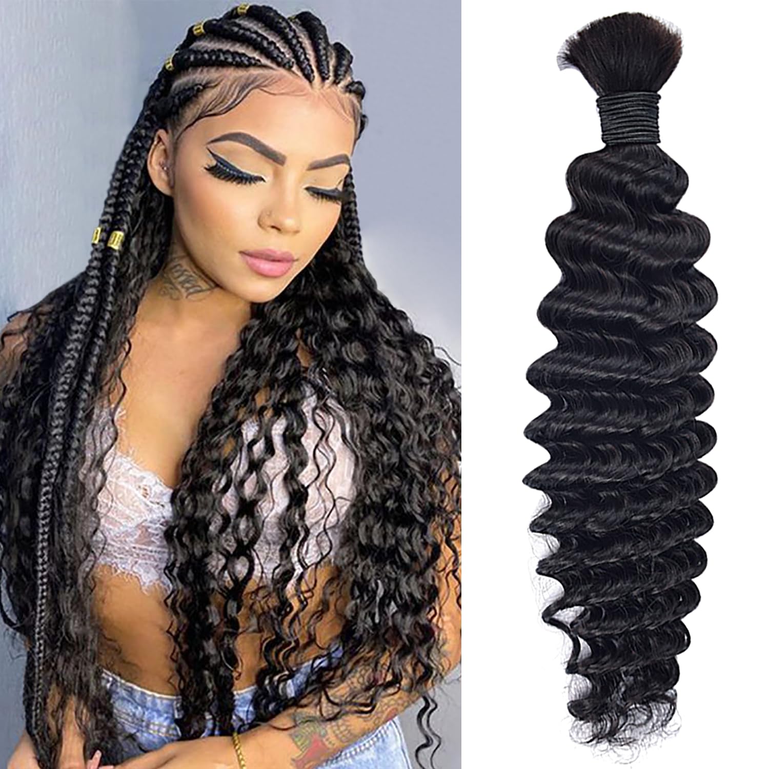 24 Inch Human Hair For Braiding Hair Bulk Braid Extensions Deep Wave Boho Human Braiding Hair No Weft Micro Braiding Human Hair 100g, Black
