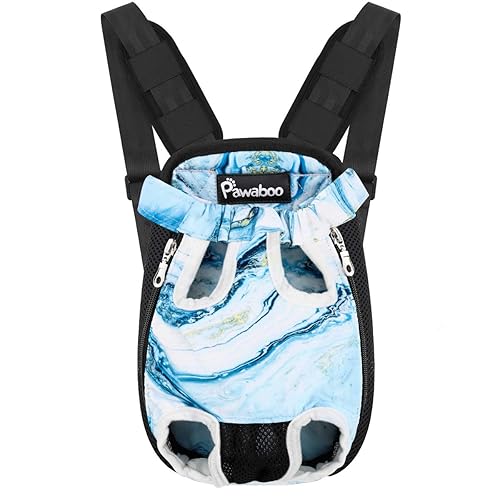Pawaboo Pet Carrier Backpack, Adjustable Pet Front Cat Dog Carrier Backpack Travel Bag, Legs Out, Easy-Fit for Traveling Hiking Camping for Small Medium Dogs Cats Puppies, Medium, Blue Marble