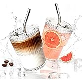 Lyghei 2 Packs Ribbed Glass Tumbler with Lid and Straw 13 oz Vintage Ice Coffee Cup Set Bulk Simple Smoothie Juice Matcha Tea Water Slushie Clear Hot Drink Glasses Travel Mug Modern Kitchen Glassware