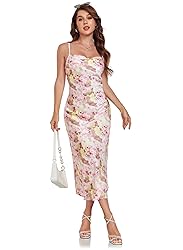 Women's Spaghetti Strap Midi Satin Silk Dresses