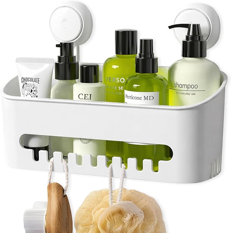 Zuvo Shower Caddy with Suction Cups – No Drill Bathroom Shelf White Rectangular
