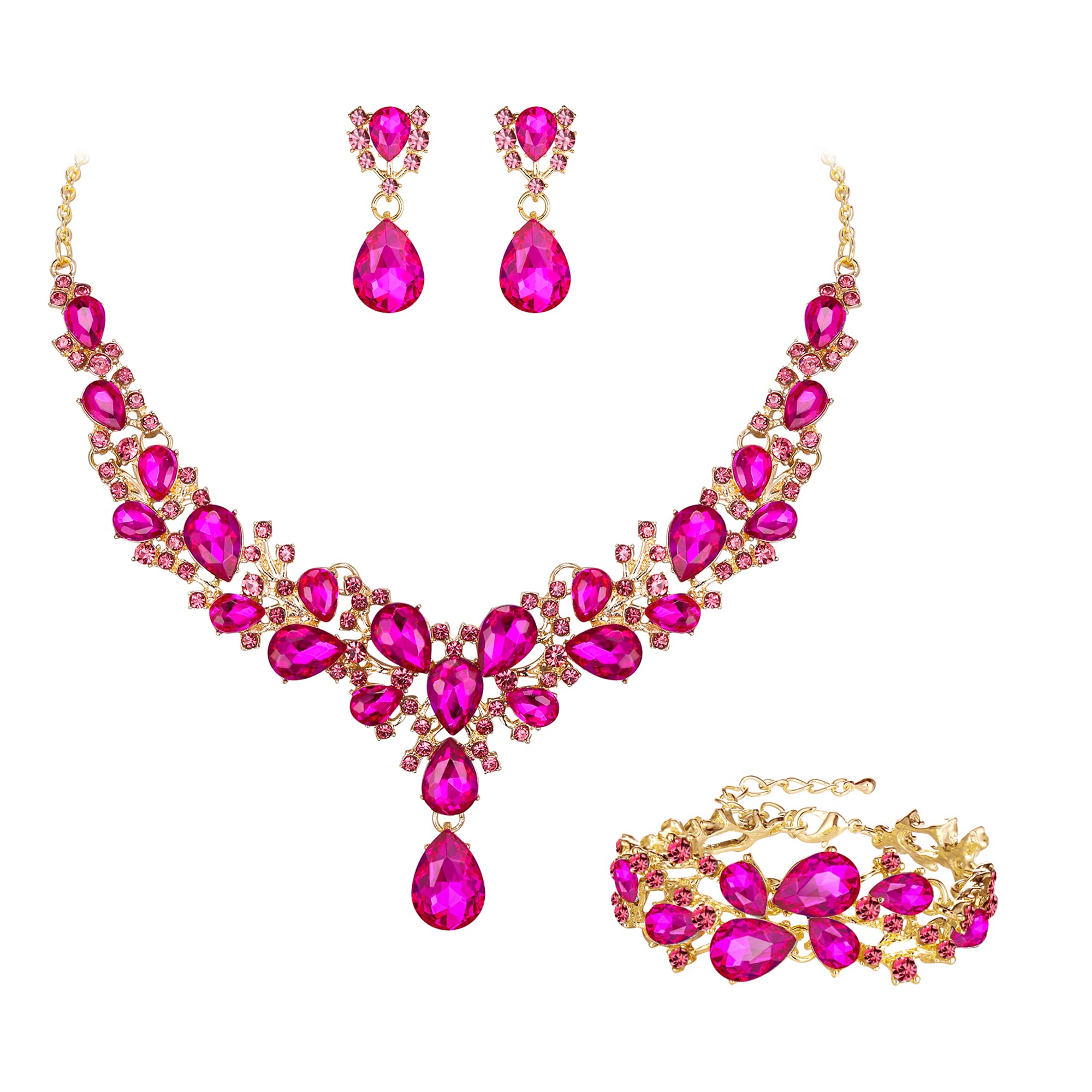 Ever Faith Austrian Crystal Bridal Bridesmaid Jewelry Sets, Elegant Water Drop Flower Cluster Statement Chunky Necklace Earrings Bracelet Set Fuchsia Gold-Tone