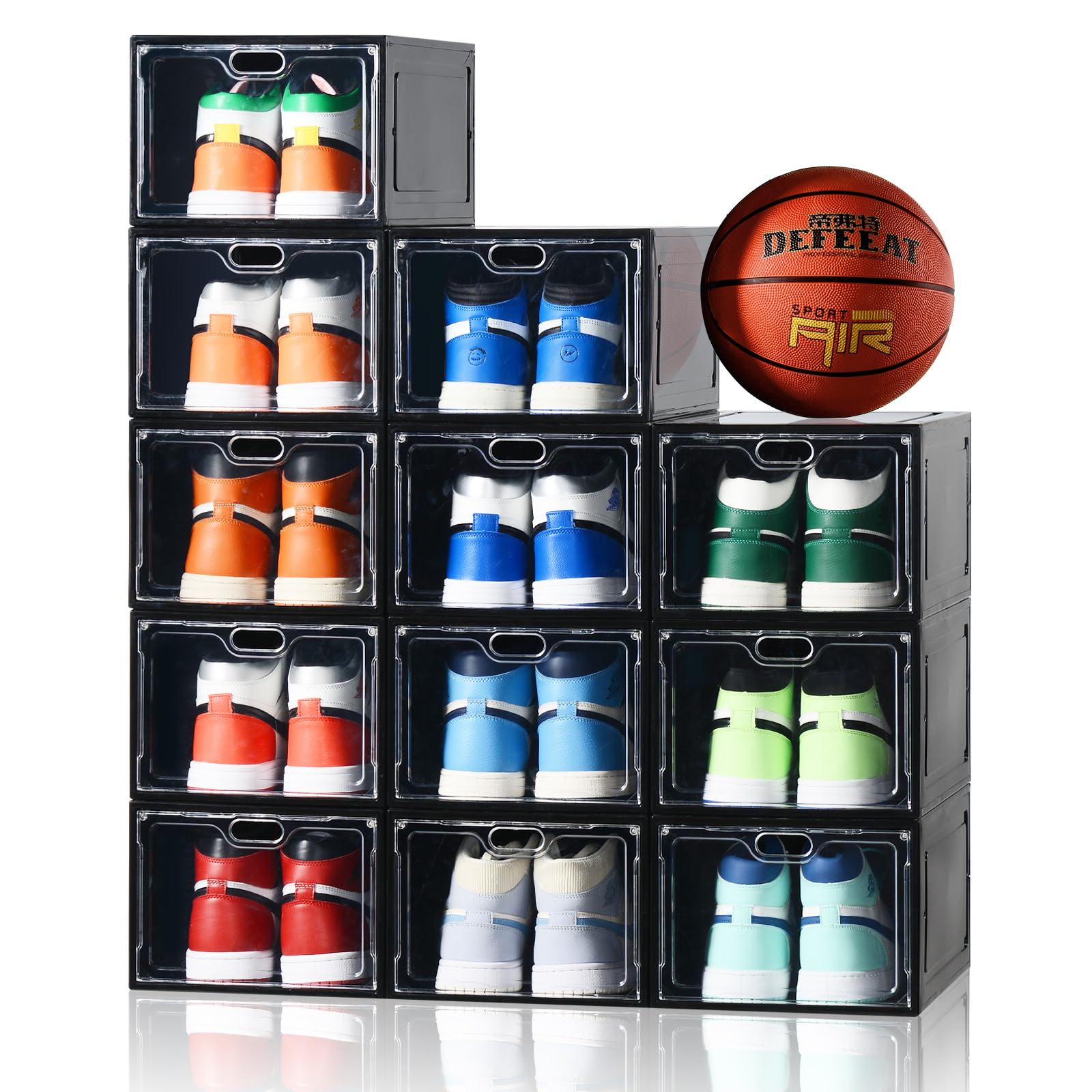 Photo 1 of INSTY 12 Pack Large Shoe Storage Box, Clear Shoe Storage Organizer with Magnetic Door, Stackable,Shoe Containers For Display Sneakers, Easy Assembly, Fit up to US Size 12, Black