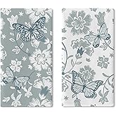 Croar Butterfly Flower Kitchen Dish Towels Set of 2, Gray White Vintage Floral Drying Hand Towel Baking Cooking Cloth, Retro Elegant Botanical Spring Summer Bathroom Home Decoration 18'' x 26''