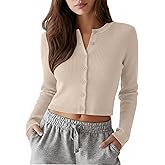 Neer Women's Cropped Cardigan Cotton Ribbed Knit Long Sleeve Top Crew Neck Cardigan Open Front Button Down Shirt